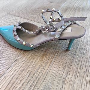 Valentino Rockstud caged patent heels turquoise and beige